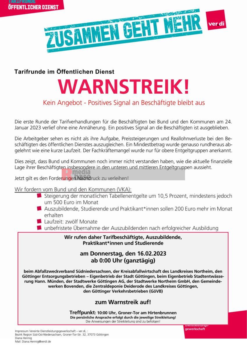 Tarifrunde Öffentlicher Dienst 2023 - Warnstreik in Göttingen am 16. Februar 2023